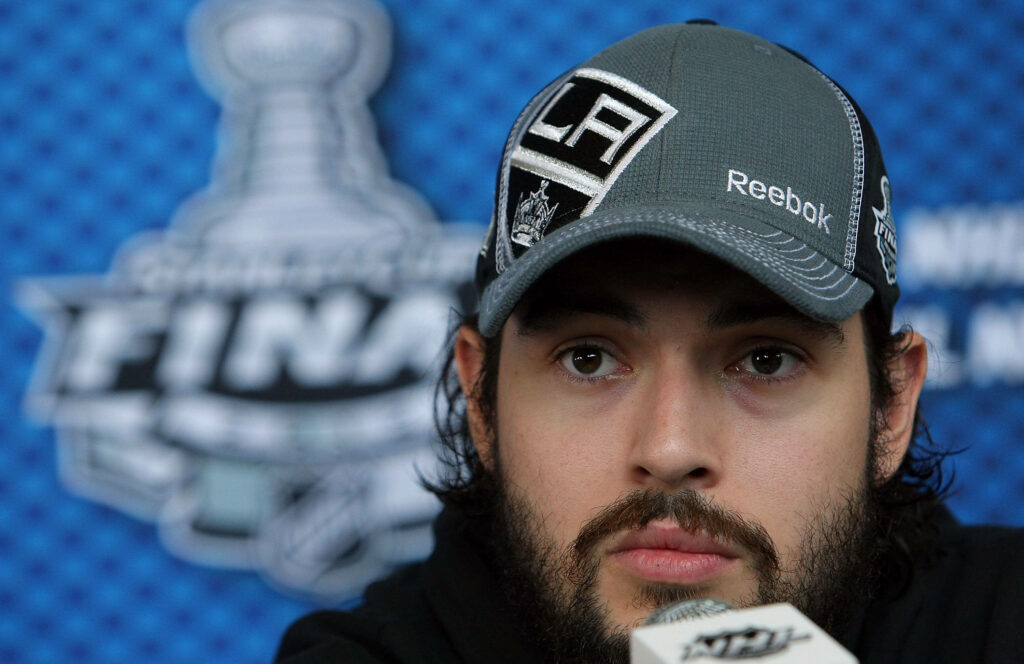 Drew Doughty close-up interview Stanley Cup Final LA Kings cap focused intense moment wallpaper