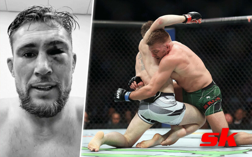 Dricus Du Plessis dominating Darren Till in intense MMA fight inside the octagon wallpaper background