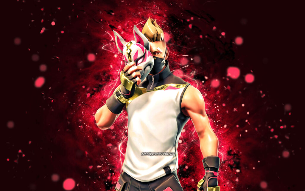 Drift Fortnite character with fox mask on vibrant red background glowing effects wallpaper