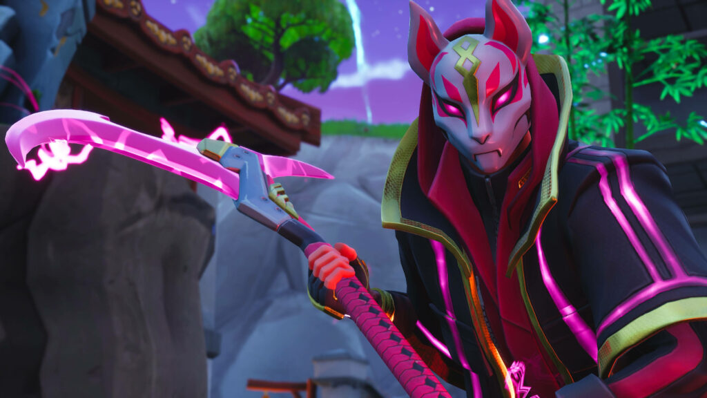 Drift Fortnite character with neon fox mask and glowing pink Rift Edge Pickaxe in vibrant landscape Wallpaper