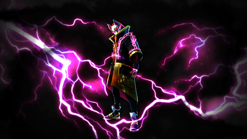 Fortnite Drift character glowing with purple lightning in neon jacket and mask digital art wallpaper