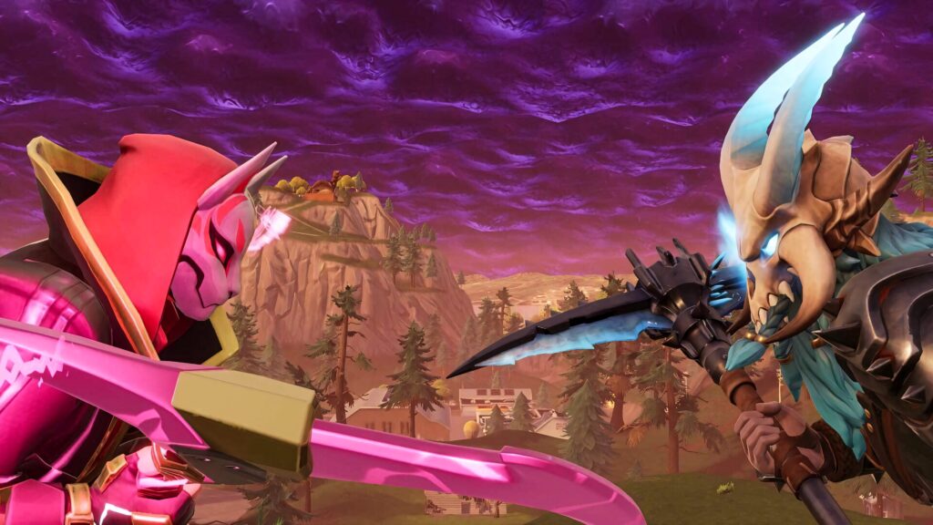Fortnite Drift and Ragnarok intense standoff vibrant colors purple sky rugged landscape wallpaper