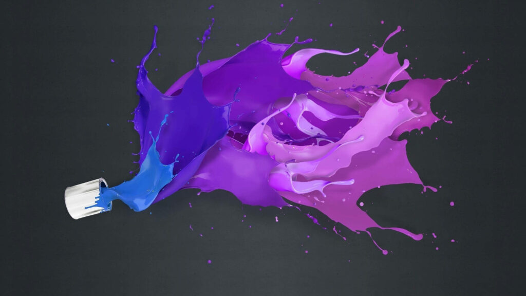 Silver bucket pouring vibrant blue purple magenta liquid splash on dark grey desktop wallpaper