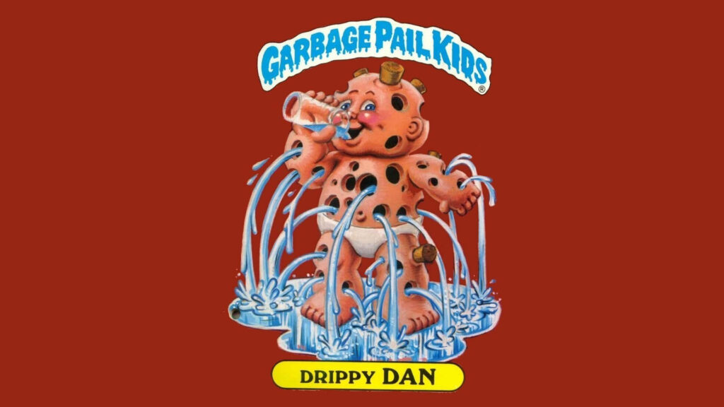 Garbage Pail Kids Drippy Dan vintage 80s wallpaper water-spraying character red background