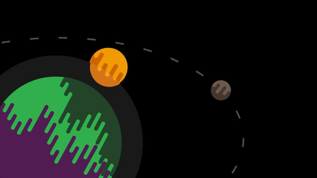 Minimalist outer space wallpaper with dripping green purple planet orange moon and gray moon orbiting