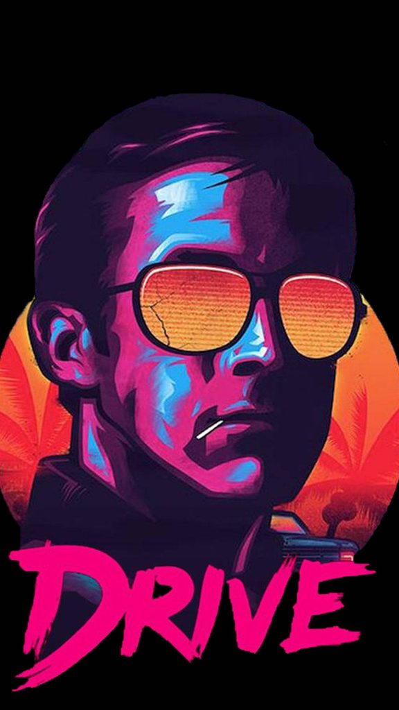 Drive movie wallpaper Ryan Gosling neon synthwave sunset palm trees retro 80s art background