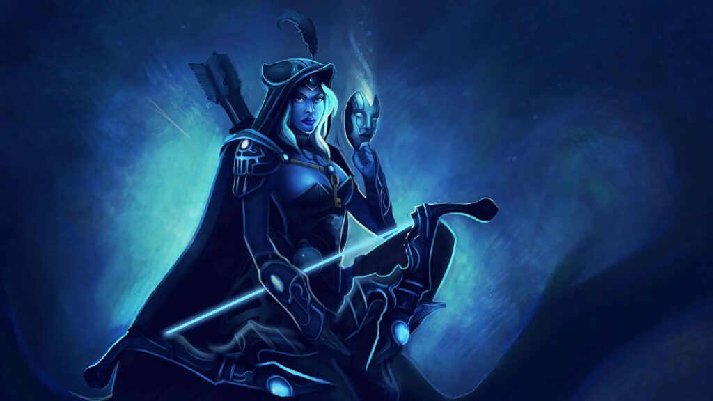 Drow Ranger drawing bow with mystical blue aura in dark fantasy style intense action pose Wallpaper