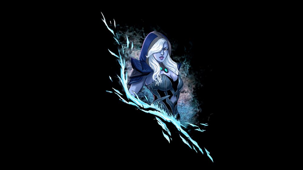 Drow Ranger digital art wallpaper with icy blue tones hooded figure bow dark minimalist background