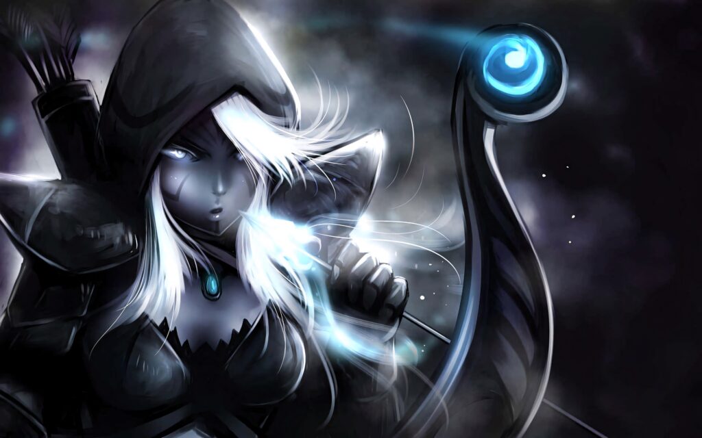 Drow Ranger digital art with glowing bow icy blue energy fantasy archer dark misty background wallpaper