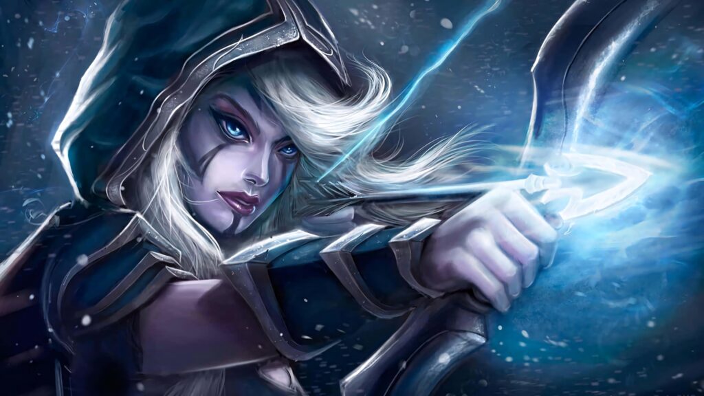 Drow Ranger from Dota 2 aiming glowing bow with icy blue energy and flowing silver hair wallpaper