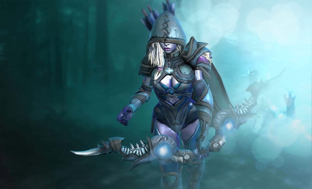 Drow Ranger from Dota 2 in dark armor with glowing blue bow in mystical forest wallpaper