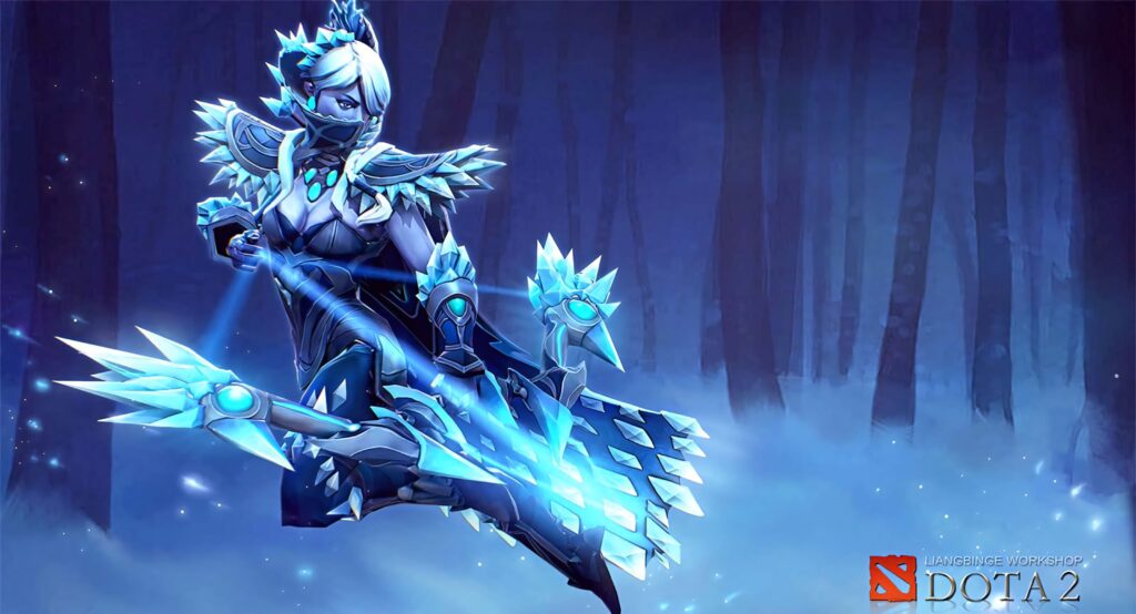 Drow Ranger from Dota 2 in icy armor with glowing arrows in a mystical forest wallpaper background