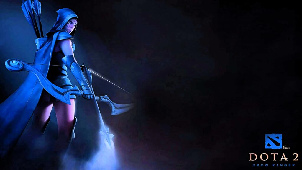 Drow Ranger from Dota 2 in blue armor stands in misty shadows with intense icy gaze wallpaper