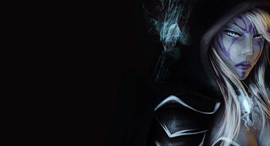 Drow Ranger with purple war paint and hooded cloak holding frosty arrows in dark fantasy scene Wallpaper