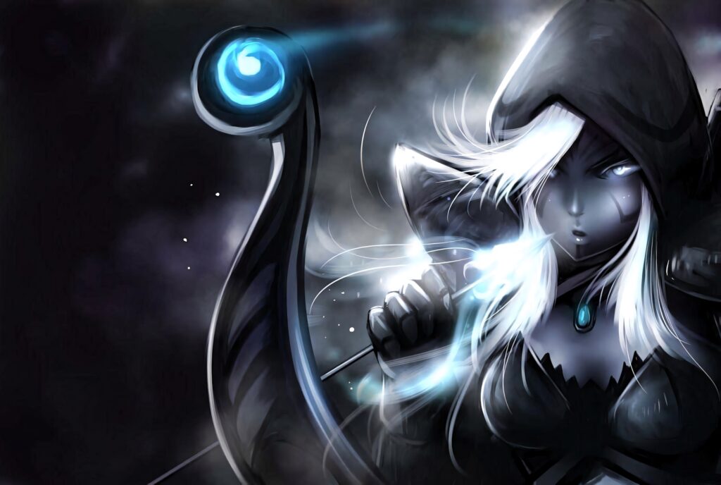 Drow Ranger with glowing blue bow in mystical mist dark fantasy wallpaper background