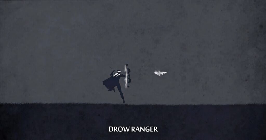 Drow Ranger top-down action pose with silvery arrow on dark moody textured wallpaper background