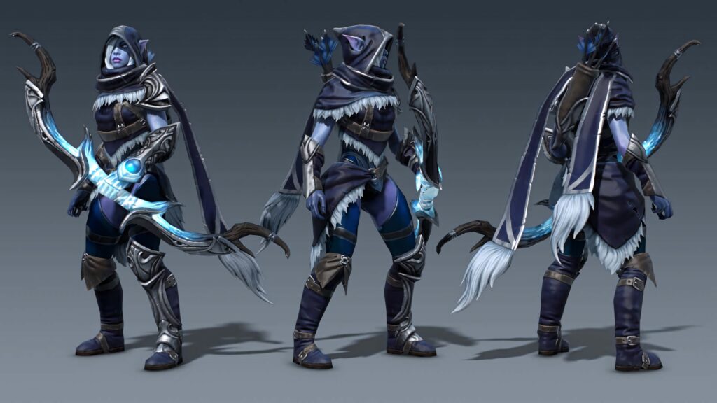 Drow Ranger poised under moonlight with icy blue bow in shadowy hooded armor fantasy wallpaper