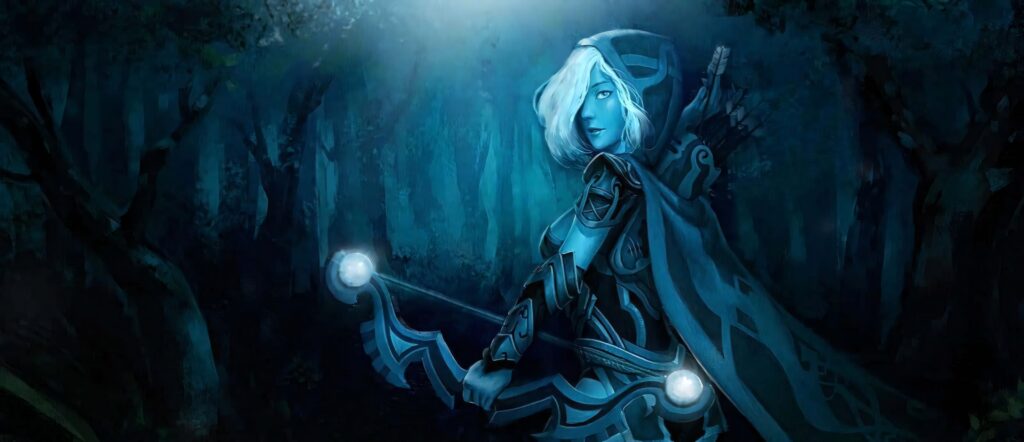 Drow Ranger in moonlit forest with glowing arrows icy aura fantasy wallpaper background