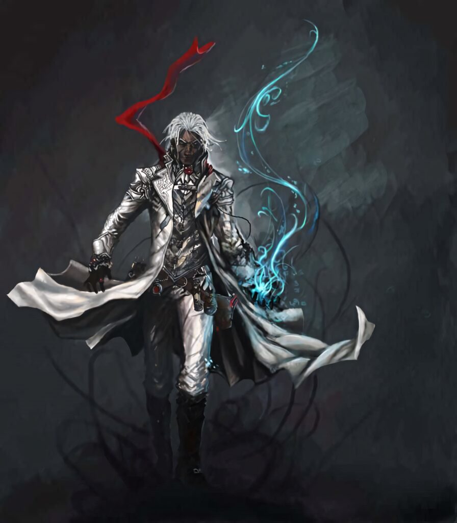 Drow Ranger in silver armor casting blue magic with flowing trench coat and red scarf wallpaper