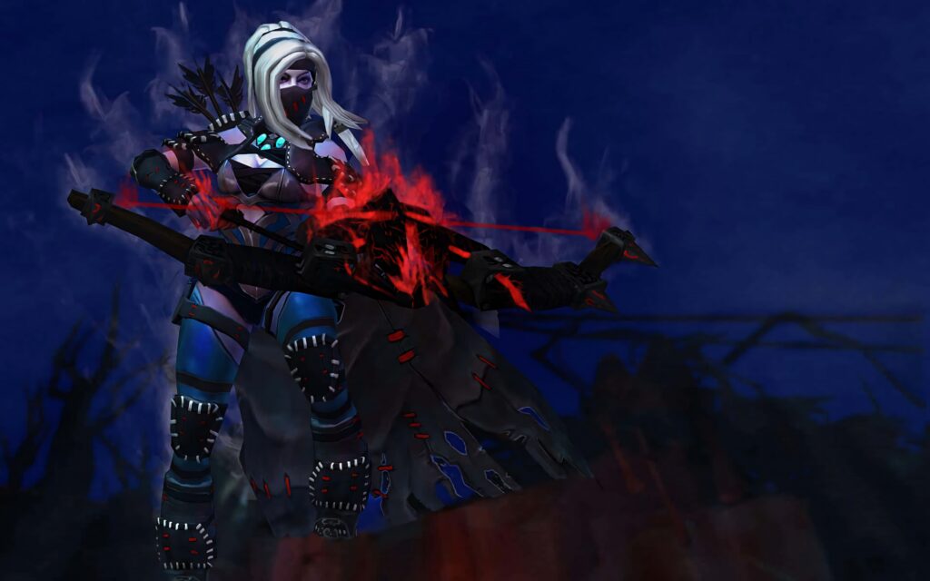 Drow Ranger with glowing red bow in icy blue armor and white hair on dark moody fantasy background Wallpaper