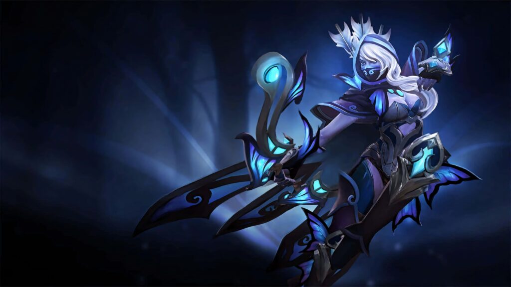 Drow Ranger in glowing blue armor with flowing white hair in dynamic fantasy battle stance wallpaper