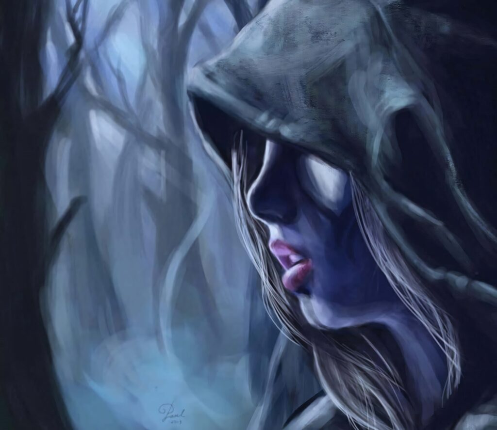 Drow Ranger in dark forest hooded fantasy warrior with blue hues digital art wallpaper background