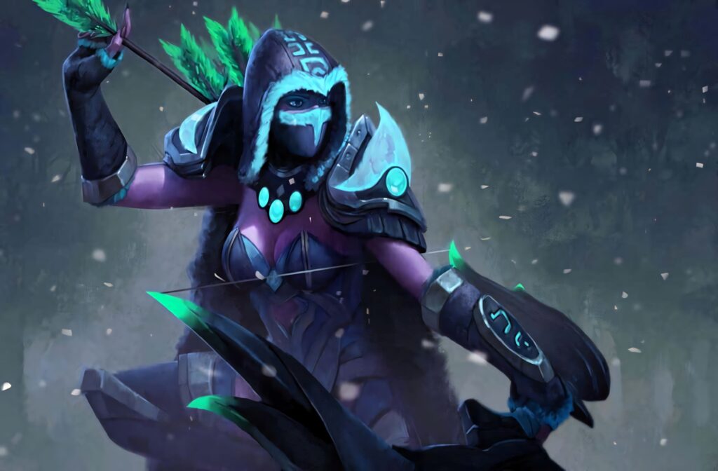 Drow Ranger in dynamic pose with blue green armor and arrows on dark snowy fantasy background Wallpaper