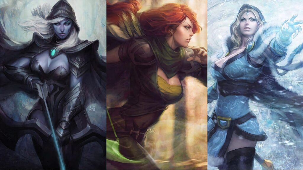 Drow Ranger icy tones Windranger vibrant green fiery hair Crystal Maiden mystical frost fantasy art wallpaper