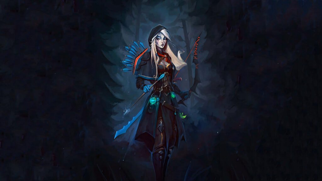 Drow Ranger poised for battle in shadowy forest with glowing armor and quiver of arrows wallpaper