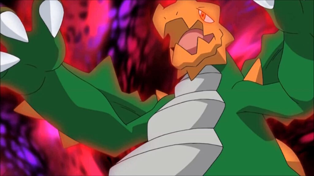 Druddigon anime battle scene with vivid green orange scales and dynamic red purple background wallpaper