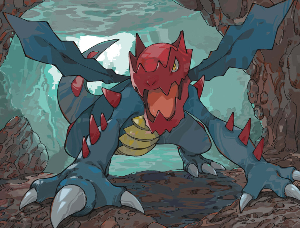 Druddigon with blue red scales in rugged cave illuminated by dramatic light anime wallpaper background
