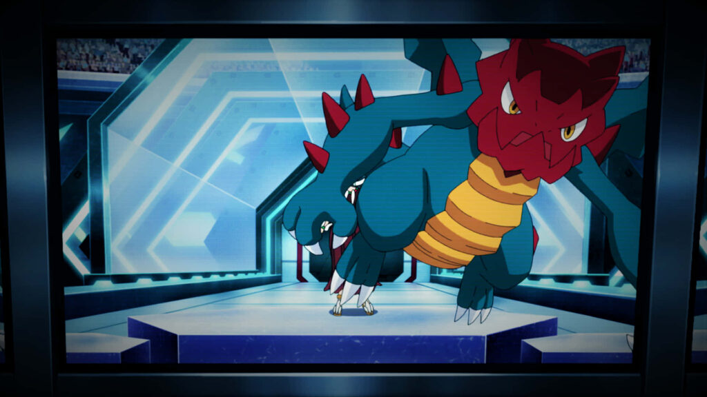 Druddigon fierce pose in futuristic battle arena with vivid blue red scales and sharp details Wallpaper