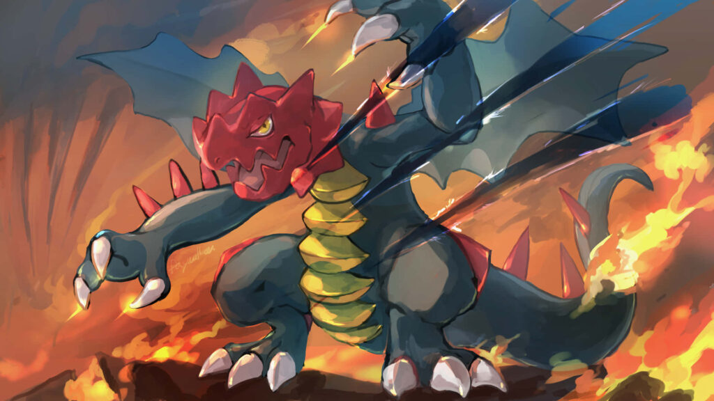 Druddigon roaring with fiery flames dynamic dragon Pokémon art featuring bold brushstrokes intense colors Wallpaper