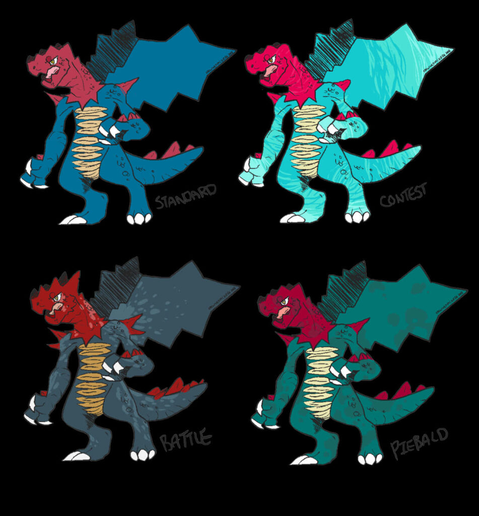 Wallpaper featuring four vibrant Druddigon variations in bold colors and dynamic shading dragon type