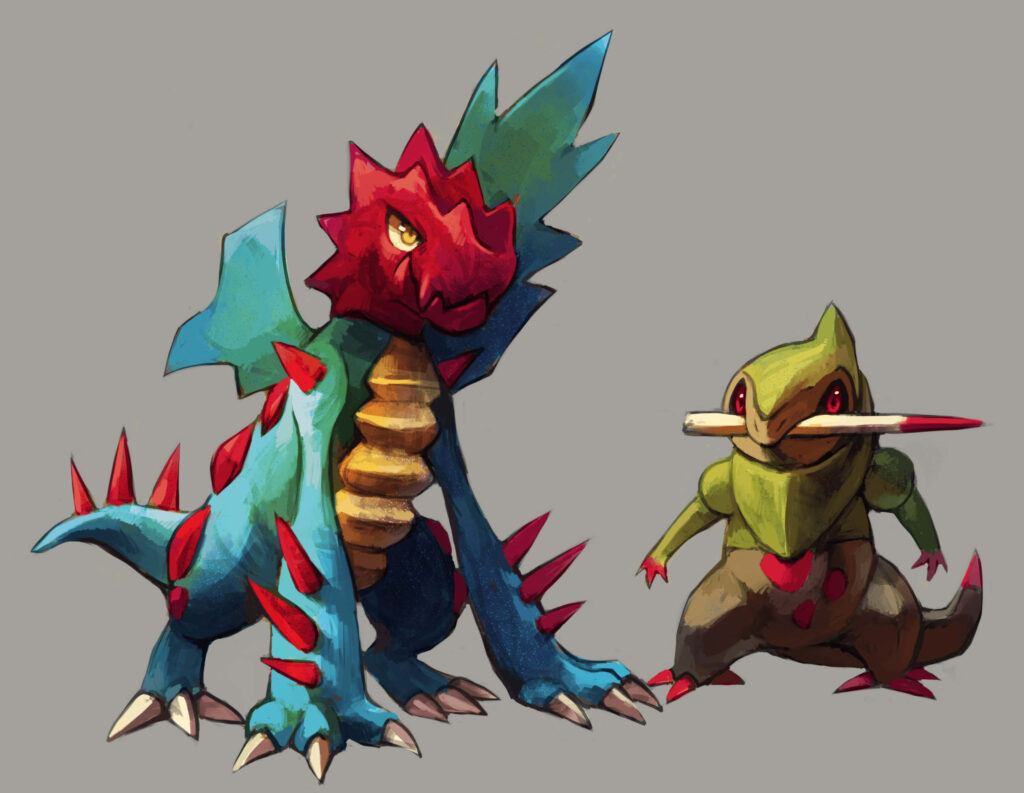 Vibrant Pokemon wallpaper featuring Druddigon and Axew with bold brushstrokes and fierce poses
