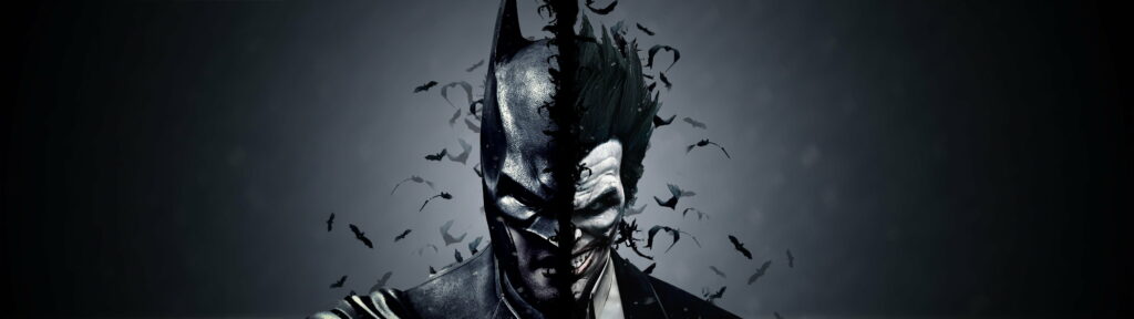 Batman armored cowl and Joker sinister smile split face cinematic Dark Knight wallpaper background