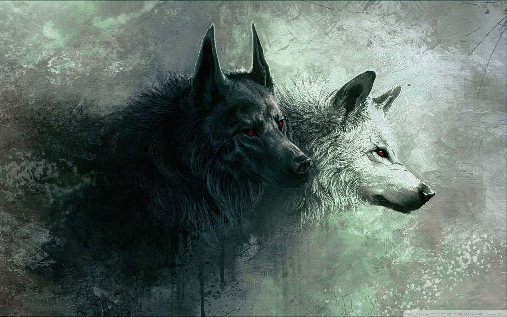 Digital art of two wolves dark and light with red eyes on textured abstract background wallpaper