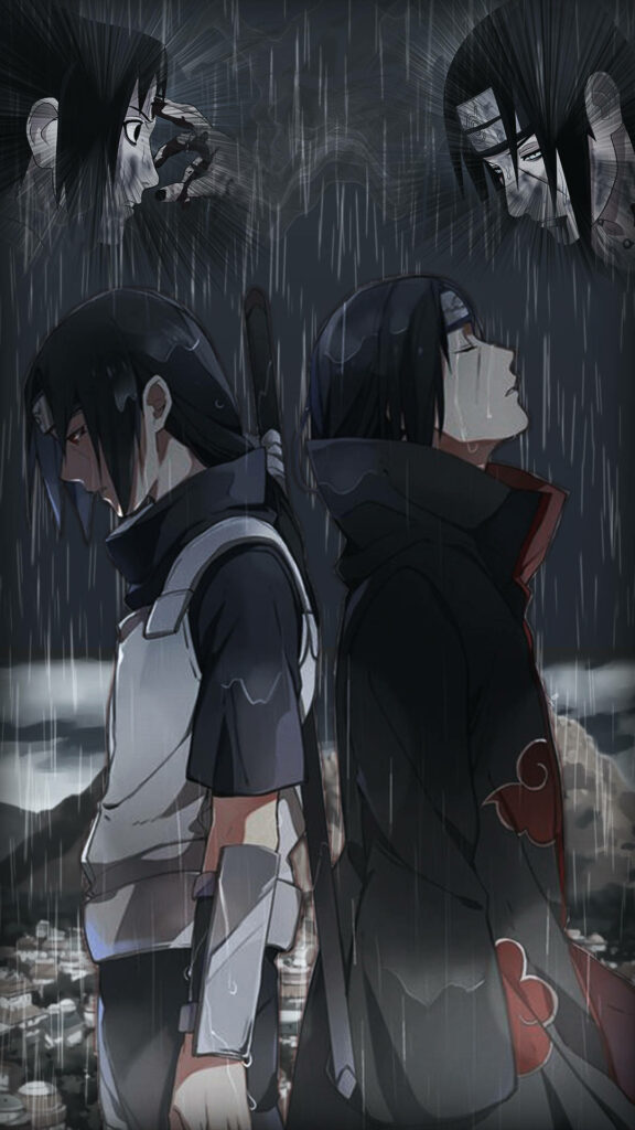 Dual-faced Itachi: The Shinobi's Path and Akatsuki's Embrace - Striking Itachi Uchiha Wallpaper