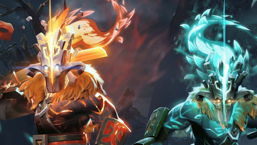 Dota 2's Majestic Clash: Dual Juggernaut Forms Unleash the Blue Orange Enigma Wallpaper