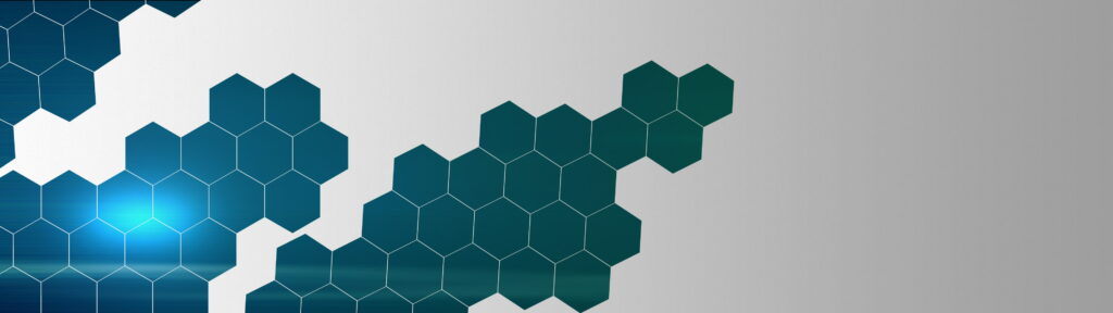 Dual-monitor digital wallpaper with deep teal honeycomb pattern and vibrant blue lens flare