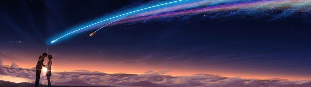 Meeting of Souls: Taki and Mitsuha Amidst Celestial Fireworks - 4K Dual Monitor Landscape Wallpaper