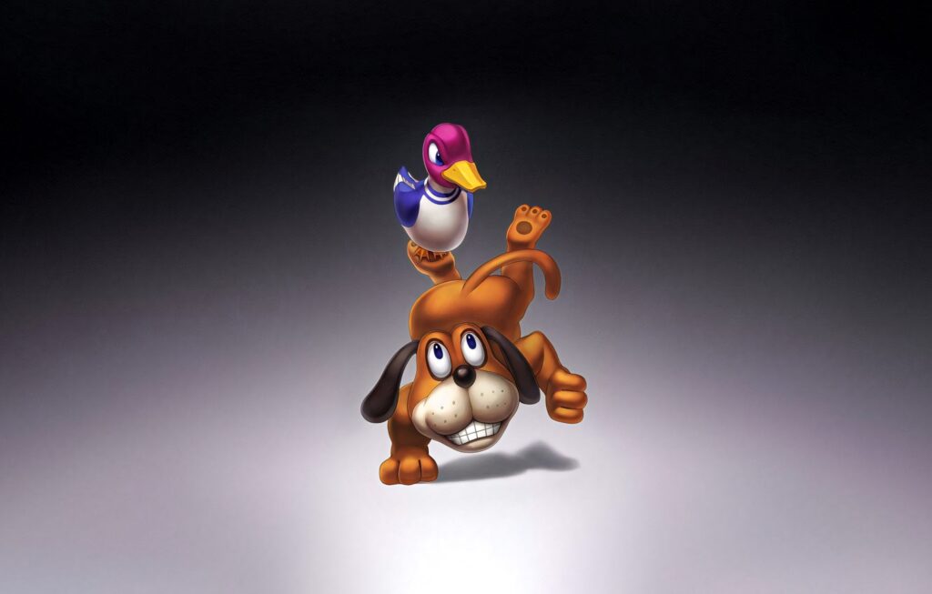 Duck Hunt wallpaper featuring iconic animated dog and colorful duck on gradient background