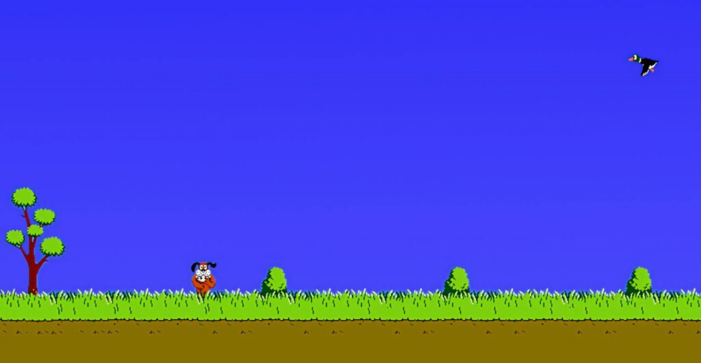 Duck Hunt retro pixel art wallpaper featuring classic dog and flying duck in vibrant outdoors