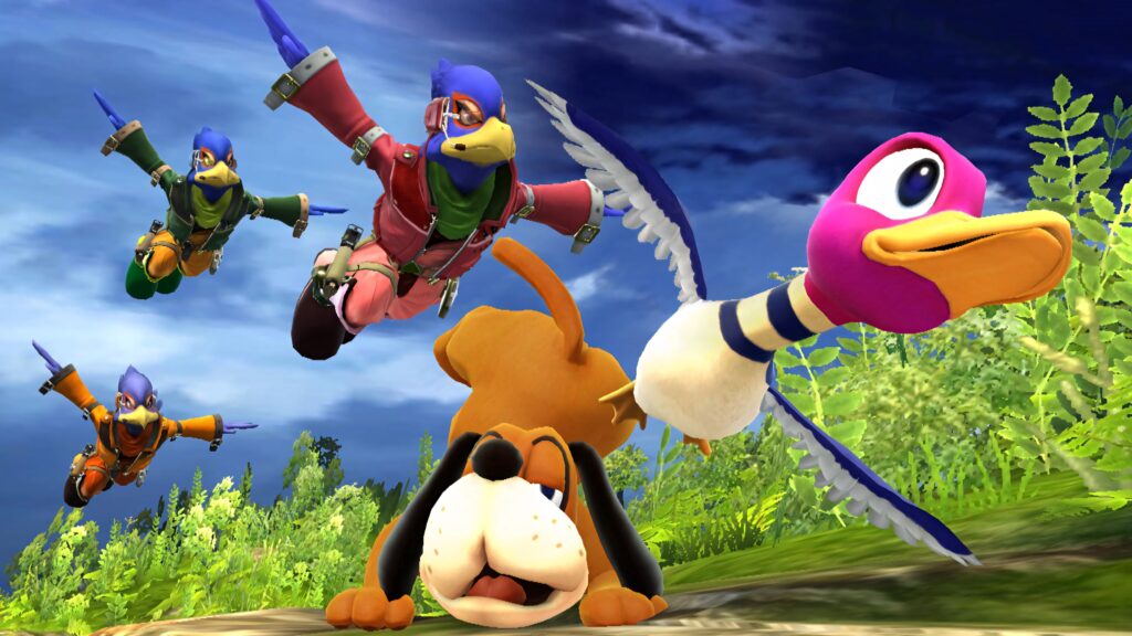 Duck Hunt dog chasing colorful duck with three Falco characters flying over green landscape Wallpaper