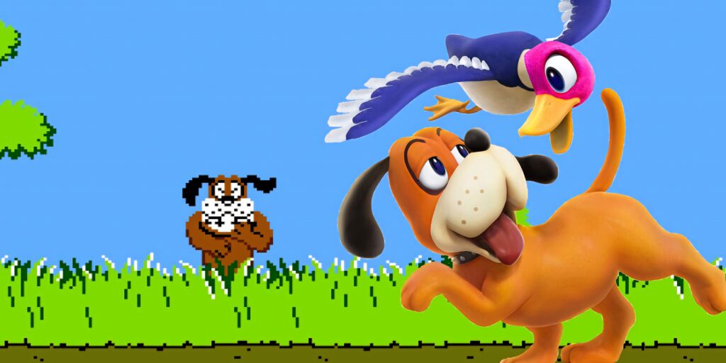 Duck Hunt Dog happily playing with colorful duck retro 8-bit Nintendo pixel art wallpaper background