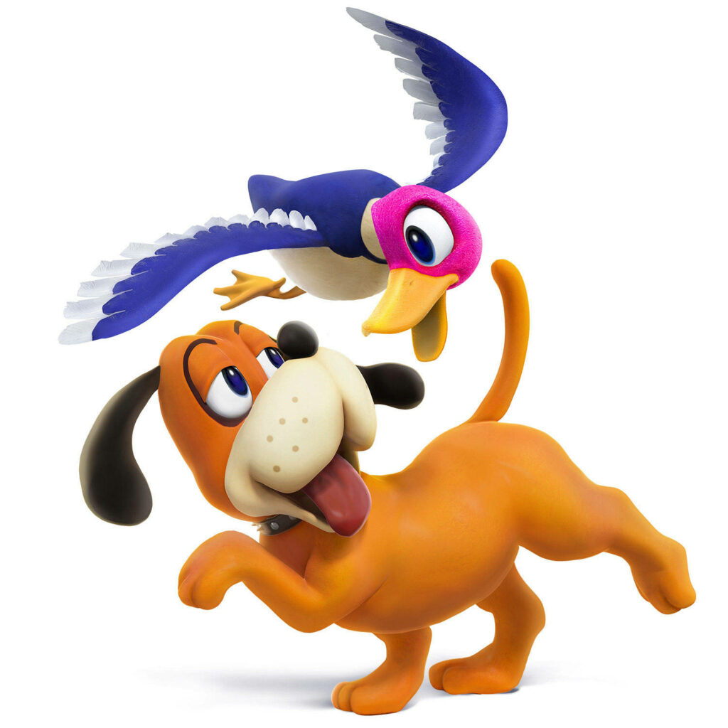 Duck Hunt Friend wallpaper with playful dog and colorful duck in bold 3D cartoon style background