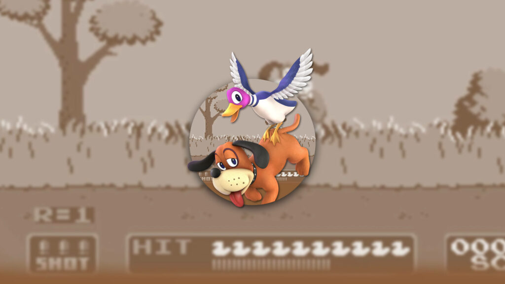 Duck Hunt game wallpaper with classic hound and flying duck in retro sepia 8-bit style background