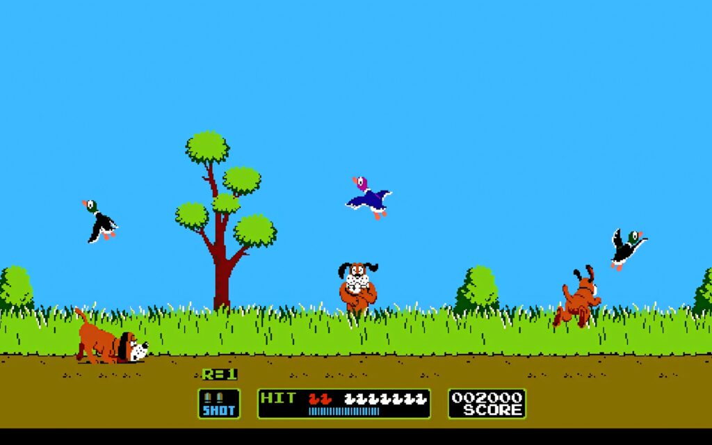Duck Hunt 8-bit gameplay scene with flying ducks hunting dog and retro pixel art background Wallpaper