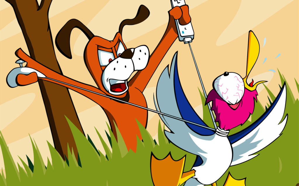Duck Hunt Strangle wallpaper with angry brown dog strangling frantic duck vivid cartoon art