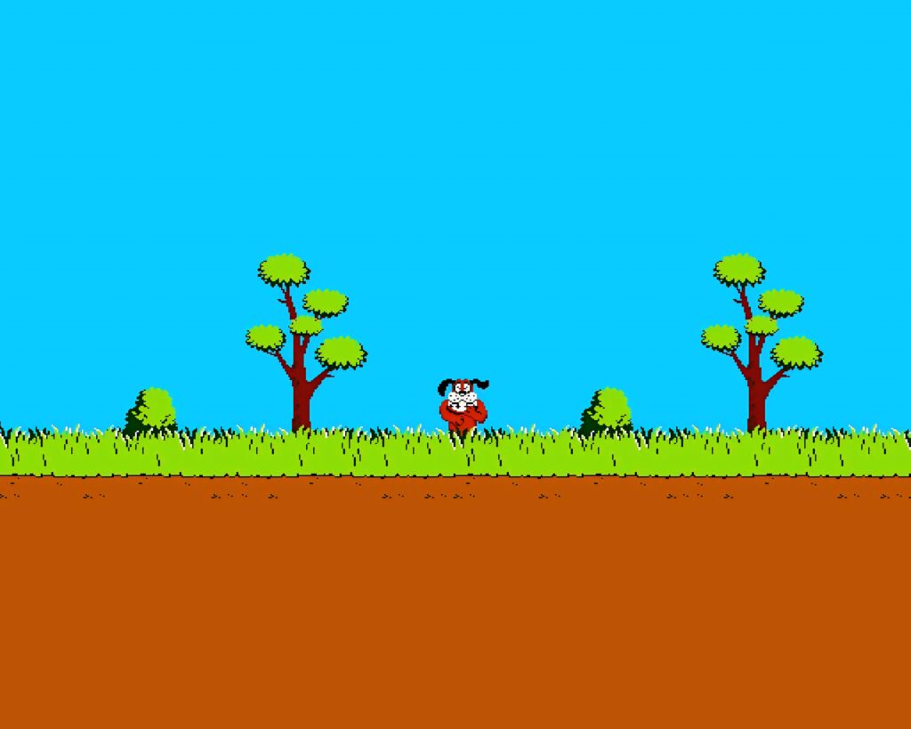 Duck Hunt NES 8bit pixel art wallpaper with retro dog bright sky trees and grass background